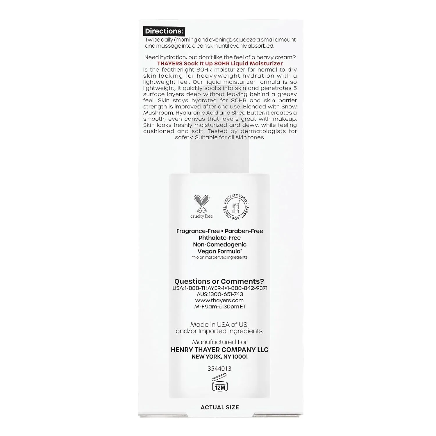 Soak It up 80HR Liquid Moisturizer, Face Moisturizer with Hyaluronic Acid and Snow Mushroom, Dermatologist Tested Skin Care for Normal to Dry Skin, 2.5 Oz