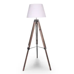 SOLID WOOD TRIPOD FLOOR LAMP ADJUSTABLE HEIGHT WHITE LINEN TAPER SHADE