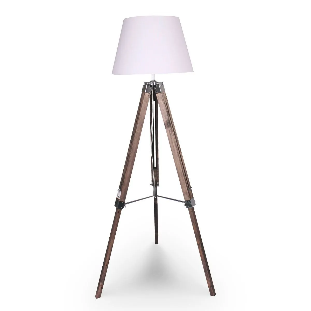 SOLID WOOD TRIPOD FLOOR LAMP ADJUSTABLE HEIGHT WHITE LINEN TAPER SHADE