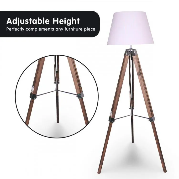 SOLID WOOD TRIPOD FLOOR LAMP ADJUSTABLE HEIGHT WHITE LINEN TAPER SHADE