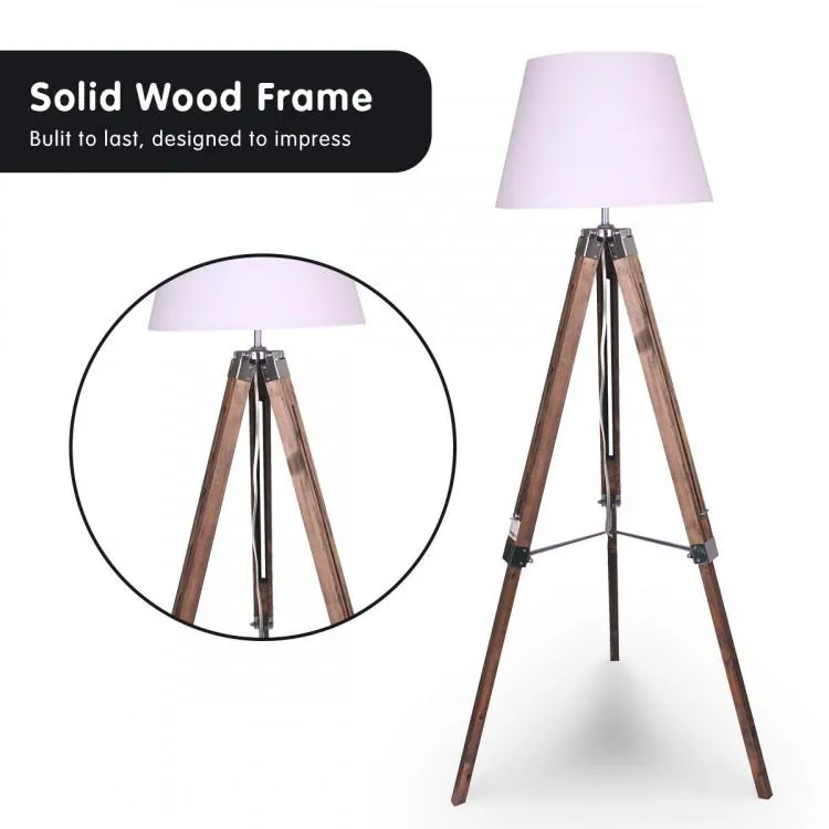SOLID WOOD TRIPOD FLOOR LAMP ADJUSTABLE HEIGHT WHITE LINEN TAPER SHADE