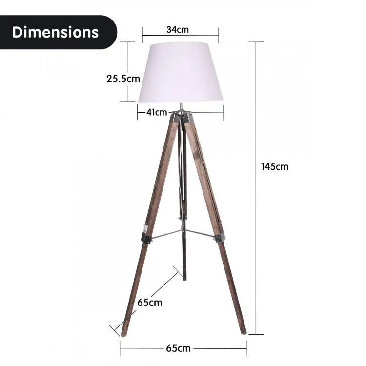 SOLID WOOD TRIPOD FLOOR LAMP ADJUSTABLE HEIGHT WHITE LINEN TAPER SHADE