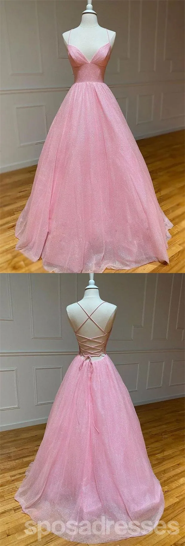 Sparkly Pink A-line Spaghetti Straps V-neck Backless Long Prom Dresses Online,12727