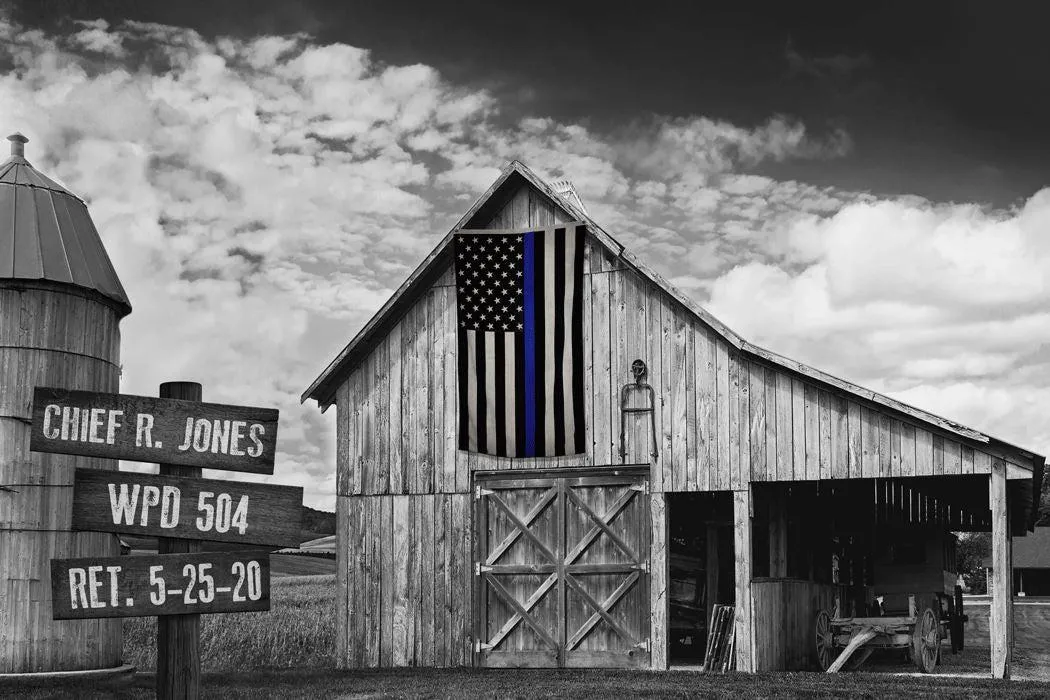 Thin Blue Line Flag on Old Barn Personalized Framed Canvas Print