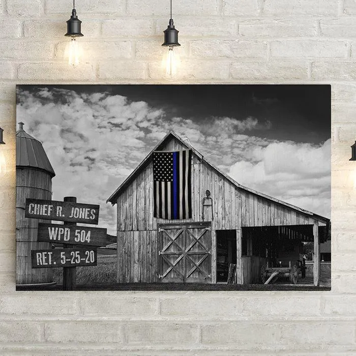 Thin Blue Line Flag on Old Barn Personalized Framed Canvas Print