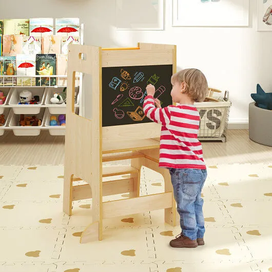Toddler Kitchen Step Stool with Activity Chalkboard and Adjustable Height-Natura