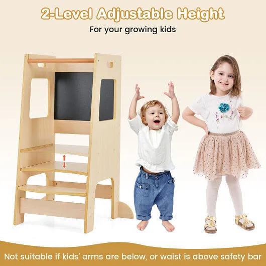 Toddler Kitchen Step Stool with Activity Chalkboard and Adjustable Height-Natura