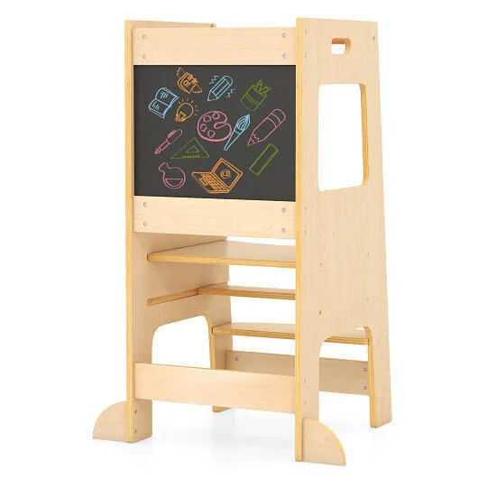 Toddler Kitchen Step Stool with Activity Chalkboard and Adjustable Height-Natura