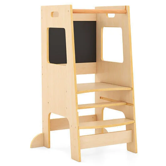 Toddler Kitchen Step Stool with Activity Chalkboard and Adjustable Height-Natura