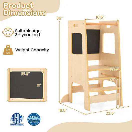Toddler Kitchen Step Stool with Activity Chalkboard and Adjustable Height-Natura