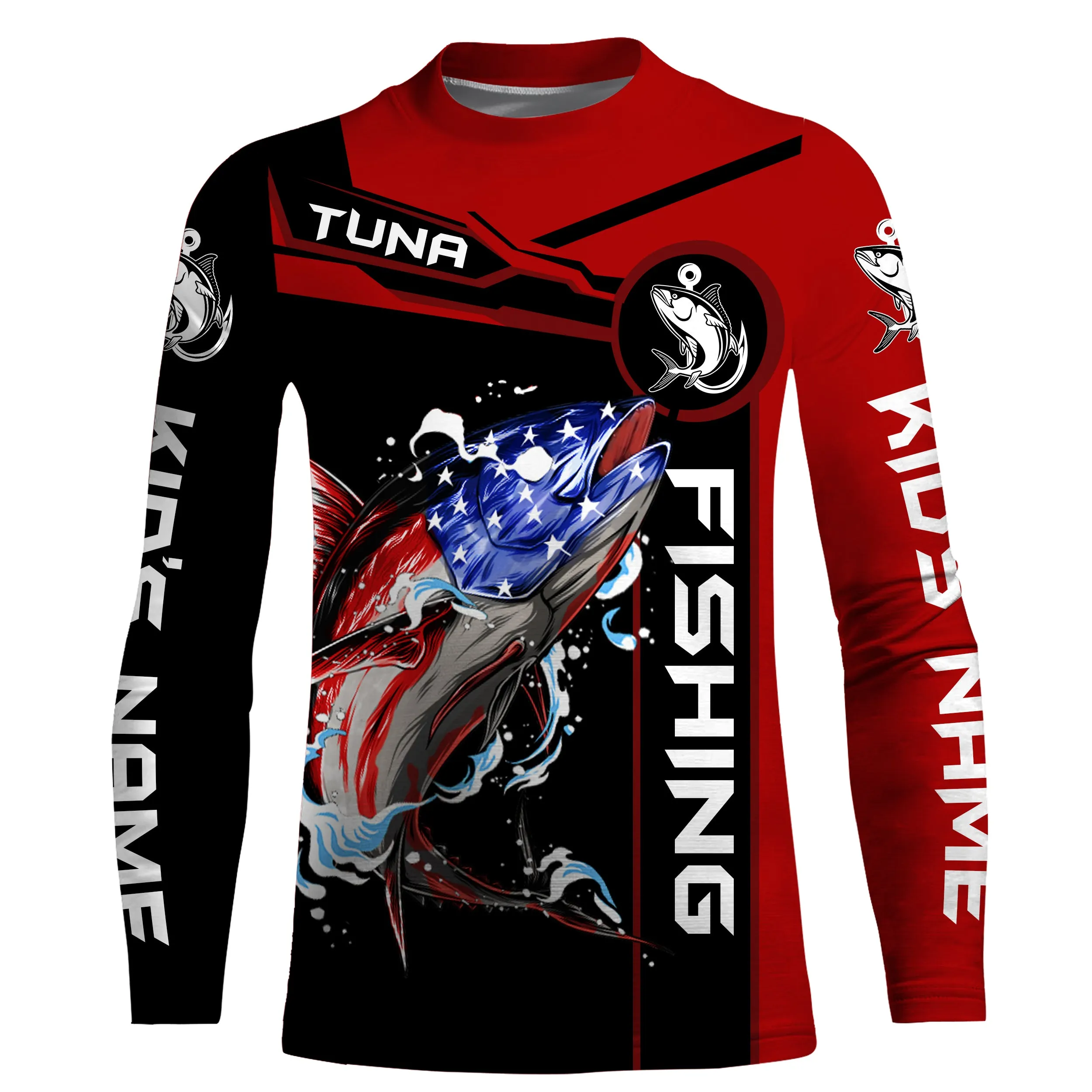 Tuna fishing American flag patriotic Custom Name Fishing shirts - Red | Kid Long Sleeves NPQ680