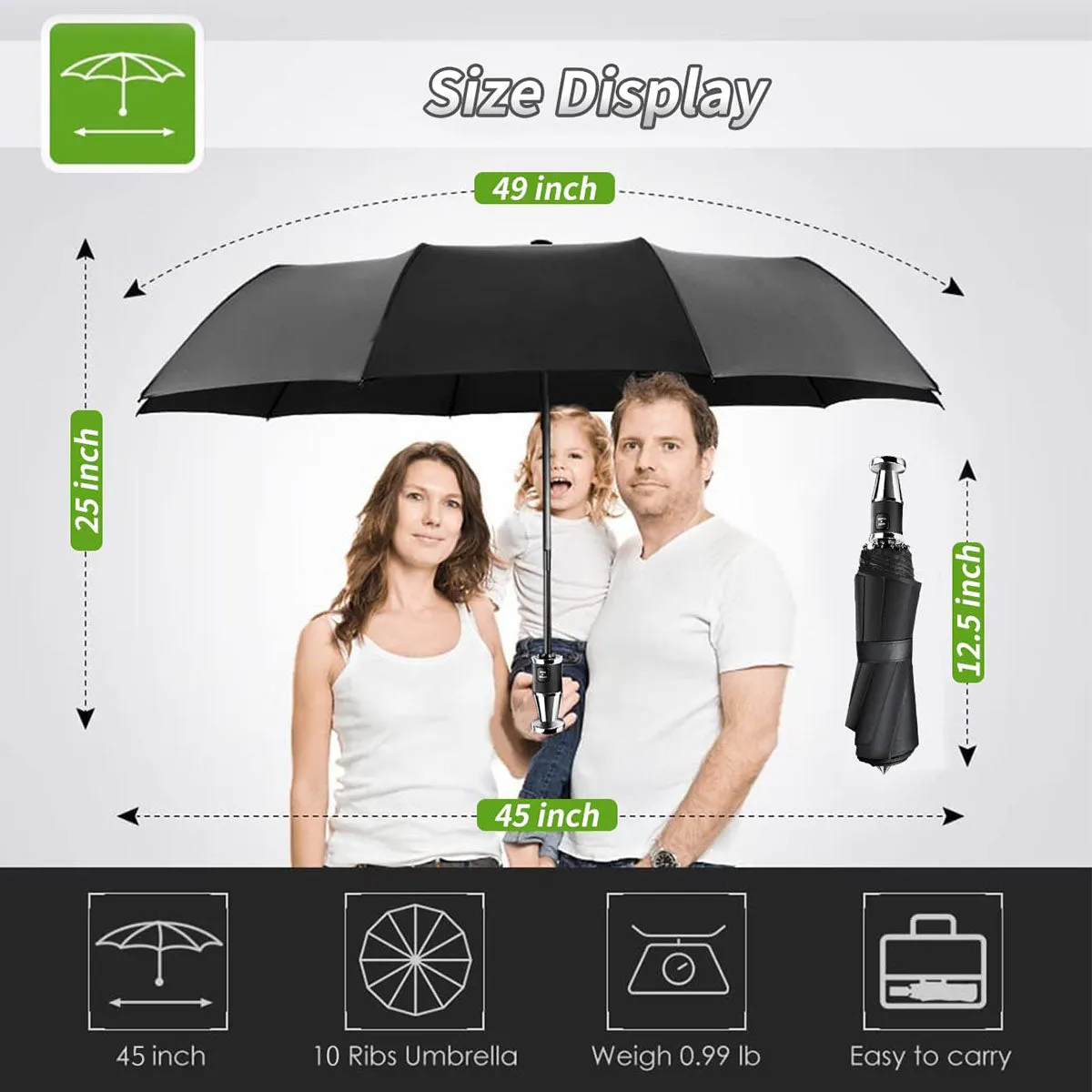 Umbrella for All Cars, 10 Ribs Umbrella Windproof Automatic Folding Umbrella, One-handed use, Rain and Sun Protection, Car Accessories DE13993