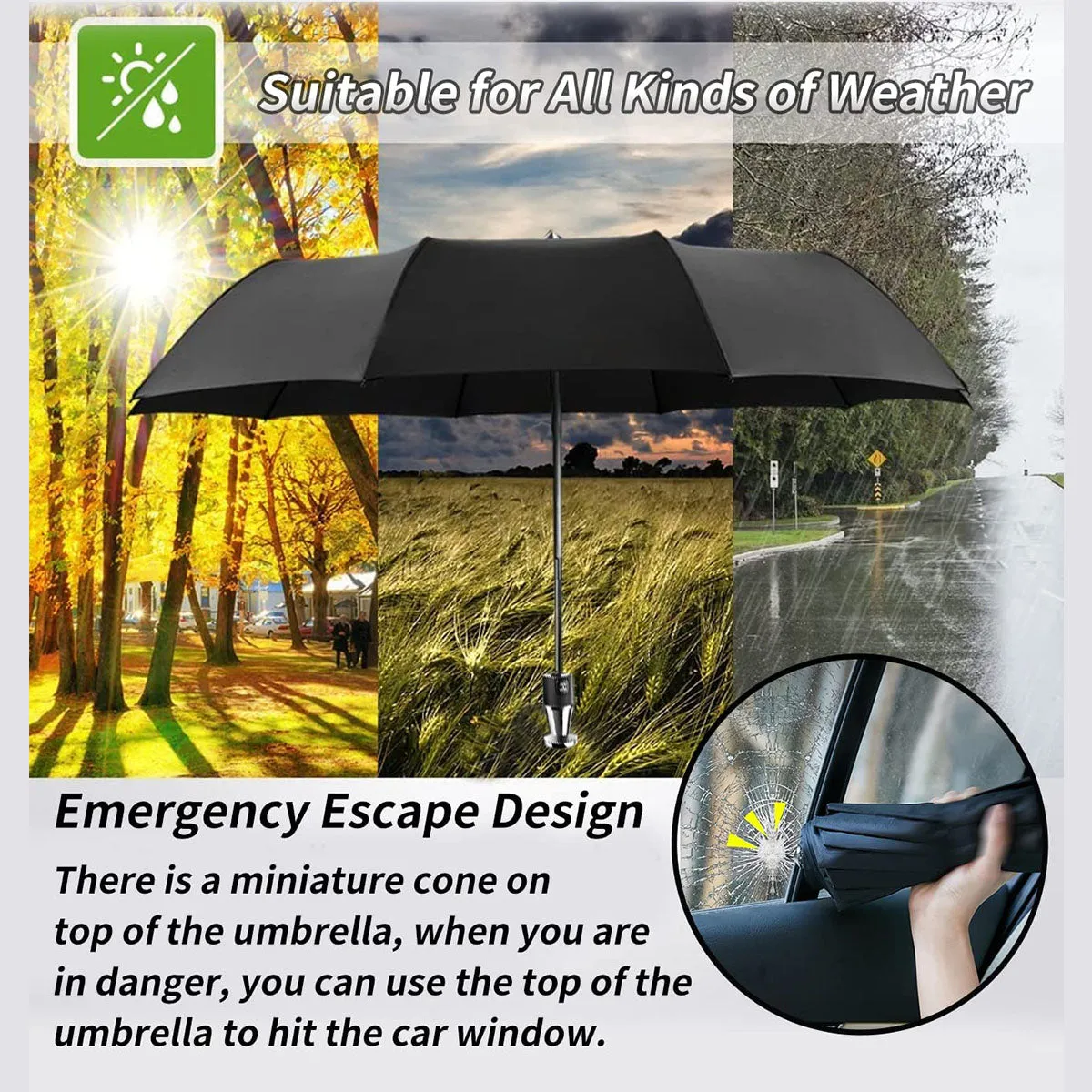 Umbrella for All Cars, 10 Ribs Umbrella Windproof Automatic Folding Umbrella, One-handed use, Rain and Sun Protection, Car Accessories DE13993