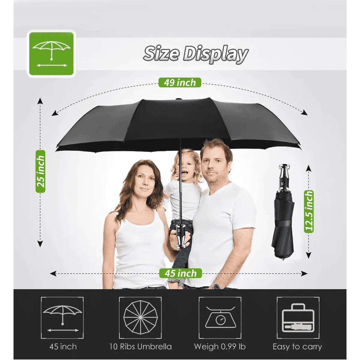 Umbrella for All Cars, 10 Ribs Umbrella Windproof Automatic Folding Umbrella, One-handed use, Rain and Sun Protection, Car Accessories UE13993