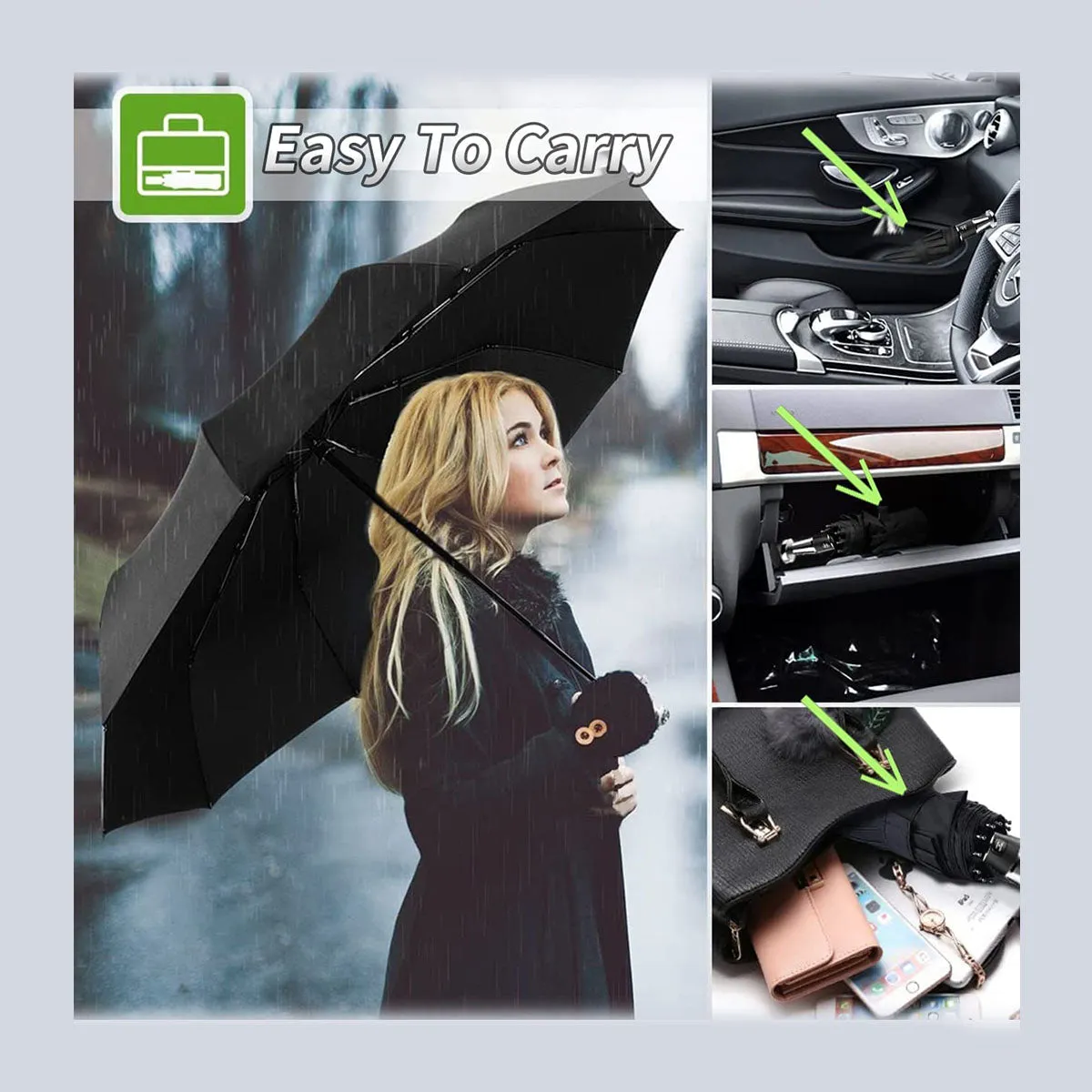 Umbrella for All Cars, 10 Ribs Umbrella Windproof Automatic Folding Umbrella, One-handed use, Rain and Sun Protection, Car Accessories UE13993