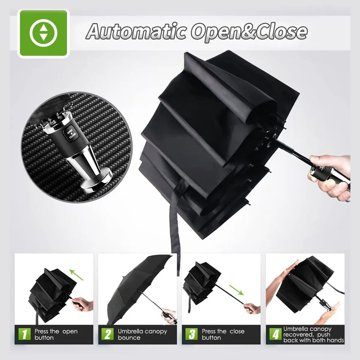Umbrella for All Cars, 10 Ribs Umbrella Windproof Automatic Folding Umbrella, One-handed use, Rain and Sun Protection, Car Accessories VE13993