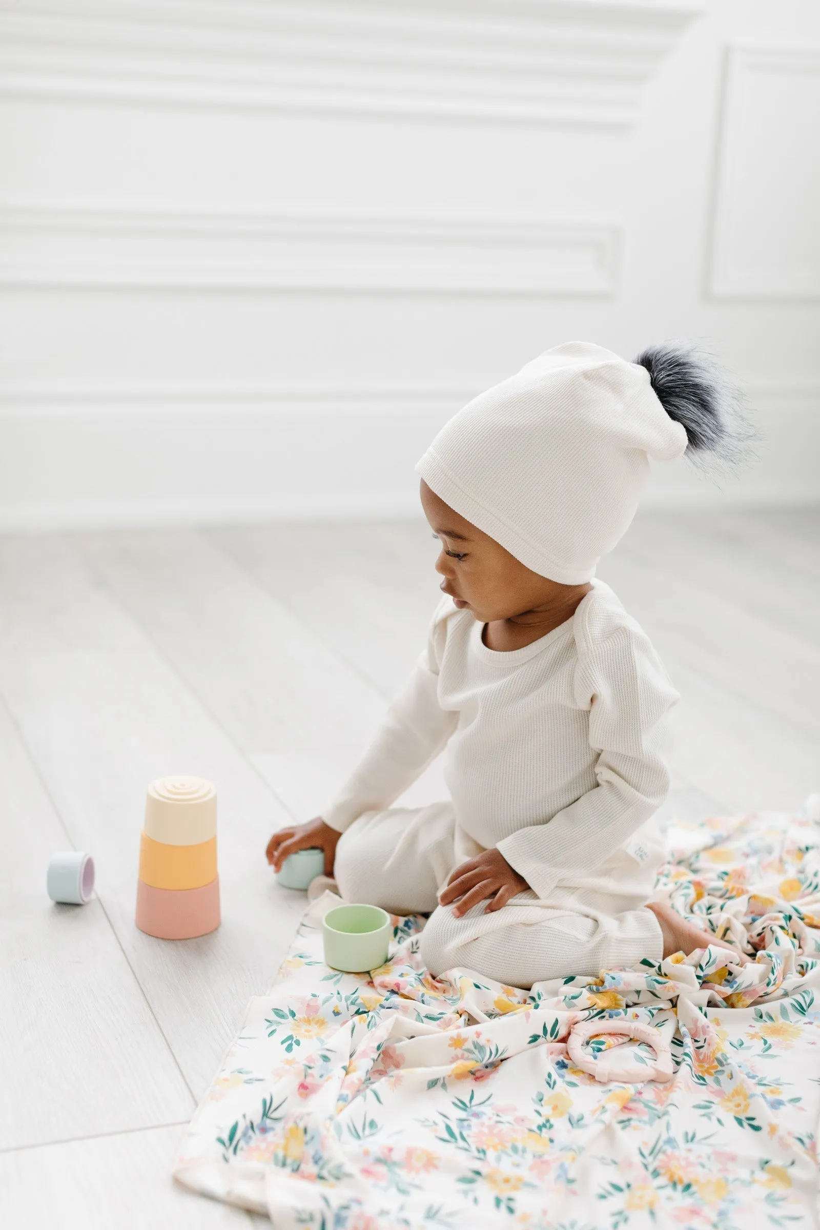 Waffle Pom Pom Hat - Coconut Milk
