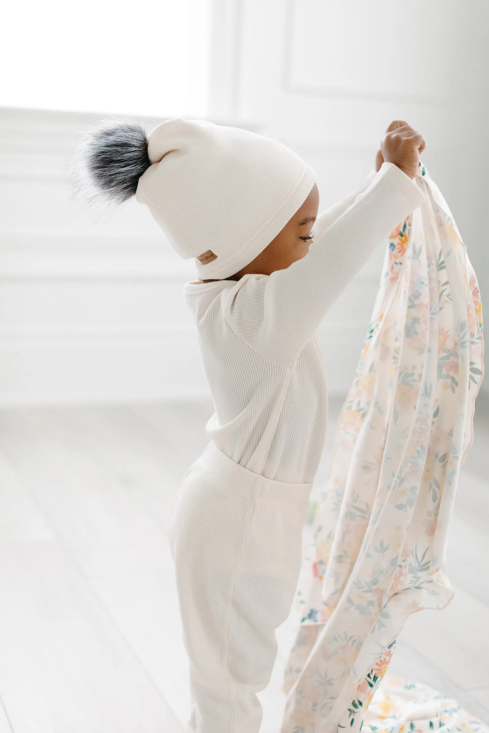 Waffle Pom Pom Hat - Coconut Milk