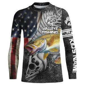 Walleye Fishing American Flag patriotic fish skull UV protection long sleeves fishing shirt for kid NPQ10