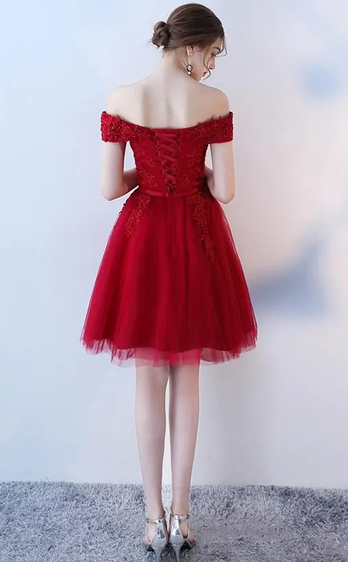 Wine Red Off Shoulder Short Simple Homecoming Dress, Dark Red Prom Dress