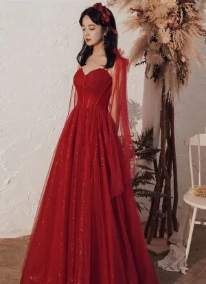 Wine Red Tulle Straps Lace-up A-line Long Formal Dress, Shiny Tulle Evening Gown