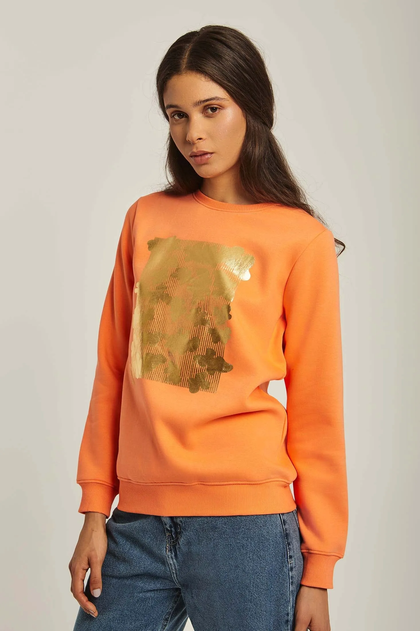 Women Sweat Shirt Round Neck Regular orange