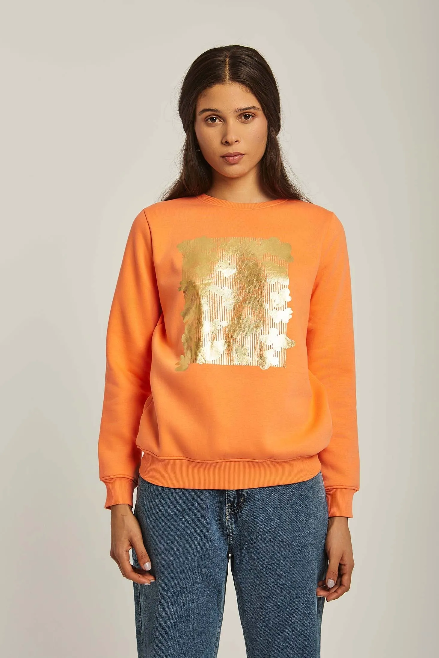 Women Sweat Shirt Round Neck Regular orange