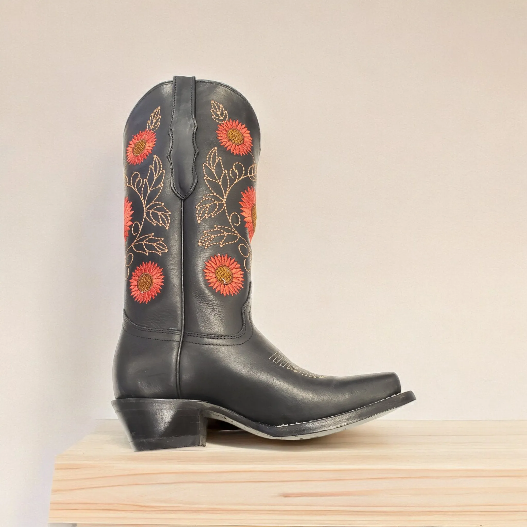 Women's Genuine Leather Floral Embroidered Cowgirl Boots 'El General' Black Color 51163