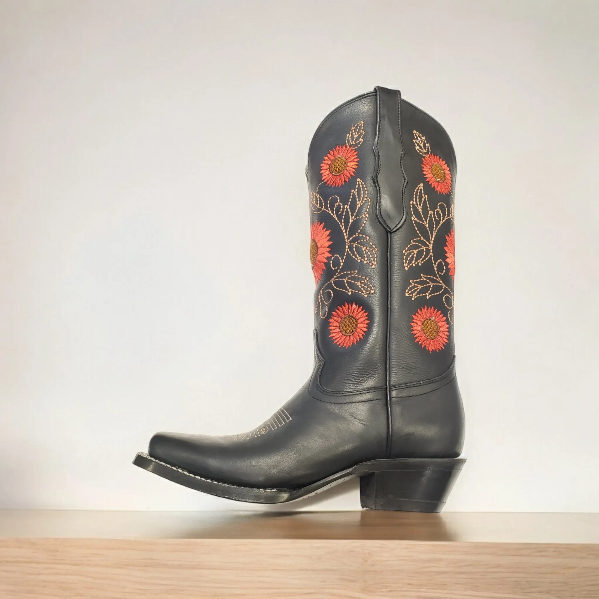 Women's Genuine Leather Floral Embroidered Cowgirl Boots 'El General' Black Color 51163