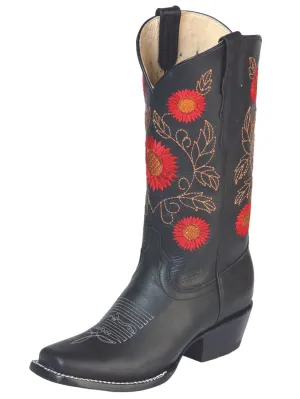 Women's Genuine Leather Floral Embroidered Cowgirl Boots 'El General' Black Color 51163