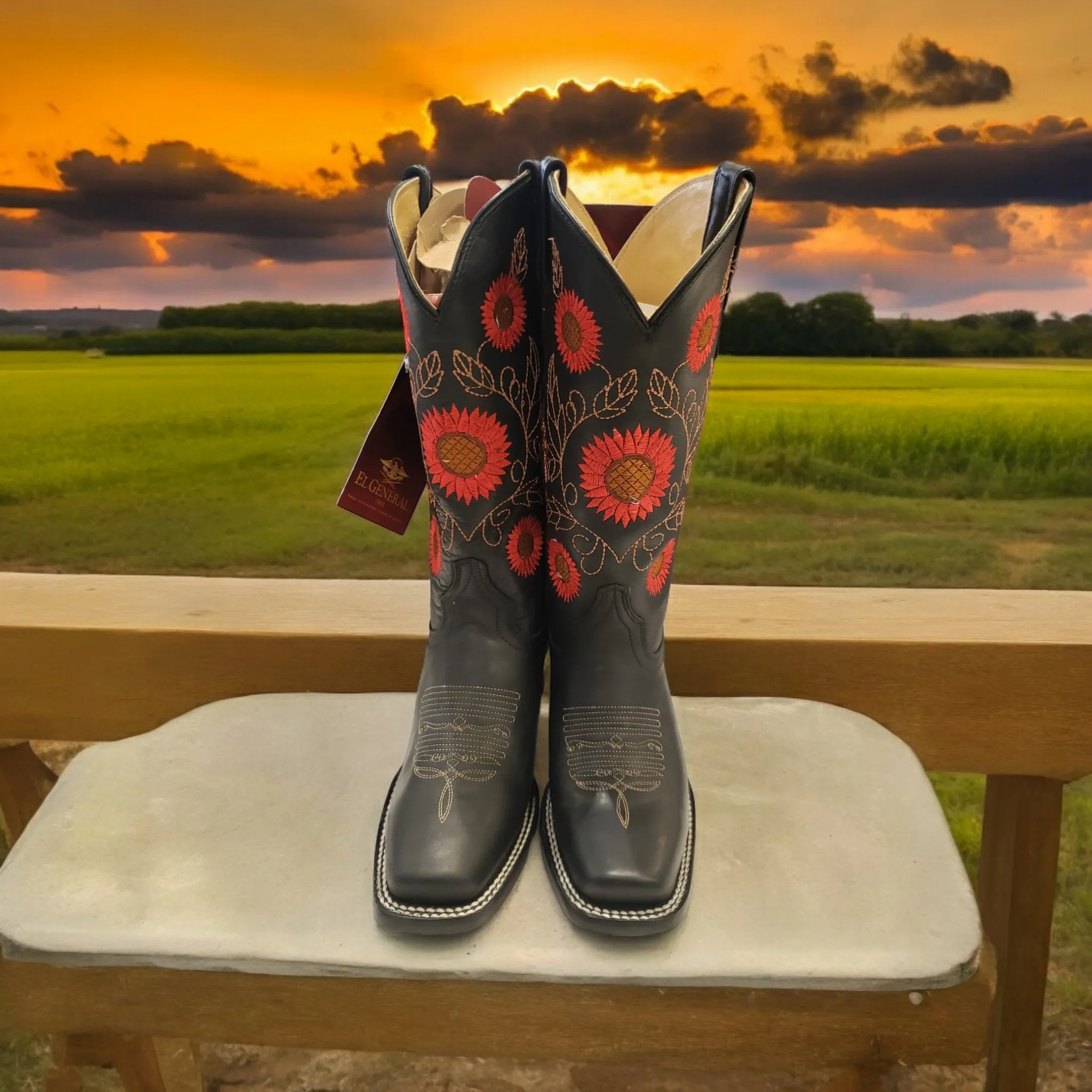 Women's Genuine Leather Floral Embroidered Cowgirl Boots 'El General' Black Color 51163