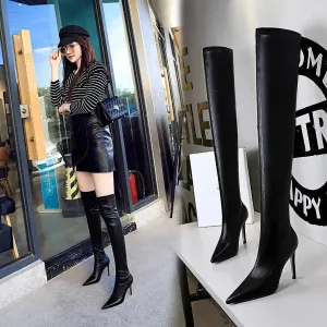 Women's high-heeled boots Pointed Sexy Slim Boots Stretch Black Super Long Mid-Tube Boots