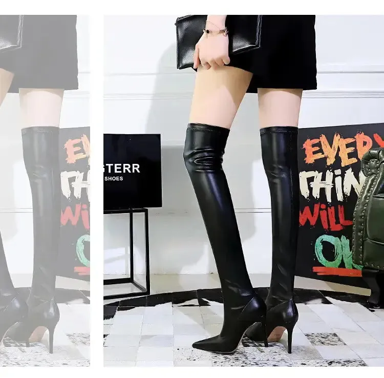 Women's high-heeled boots Pointed Sexy Slim Boots Stretch Black Super Long Mid-Tube Boots