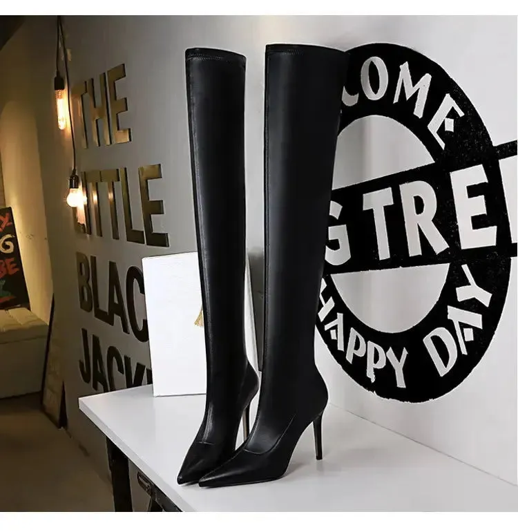 Women's high-heeled boots Pointed Sexy Slim Boots Stretch Black Super Long Mid-Tube Boots