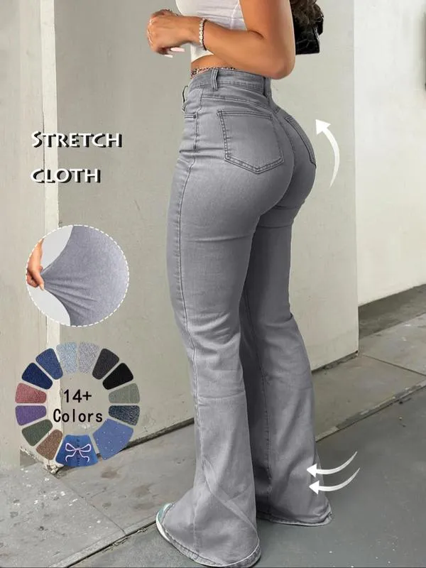 Women's High Waist Casual Button Fly Pocket Design Bell Bottom Denim